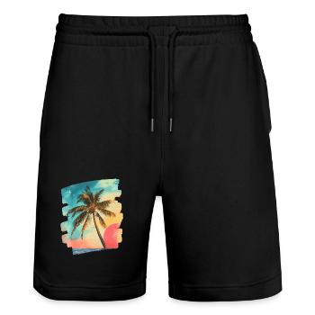Plage Palmiers Coucher de soleil Été - Short de jogging bio TRAINER Stanley/Stella unisexe - noir - Devant - Nik (191cm) & Marisol (170cm)
