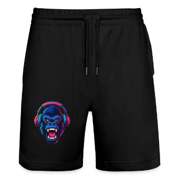 Neon Gorilla mit Kopfhörern - Stanley/Stella Unisex Bio Joggingshorts Trainer  - Schwarz - Vorne - Nik (191cm) & Marisol (170cm)