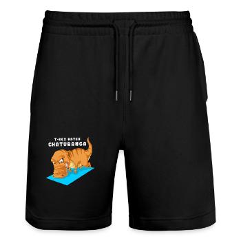 T-Rex Yoga Chaturanga Illustration - Stanley/Stella Trainer Unisex Organic Jogging Shorts - black - Front - Nik (191cm) & Marisol (170cm)
