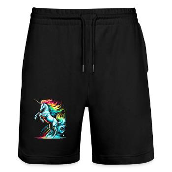 Vibrant Neon Unicorn Tolerance Illustration - Stanley/Stella Trainer Unisex Organic Jogging Shorts - black - Front - Nik (191cm) & Marisol (170cm)