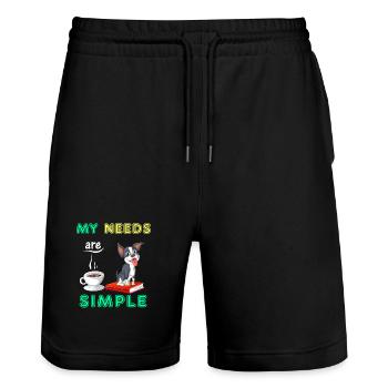 My Needs Are Simple Boston Terrier Coffee and book - Stanley/Stella Trainer Unisex Organic Jogging Shorts - black - Front - Nik (191cm) & Marisol (170cm)