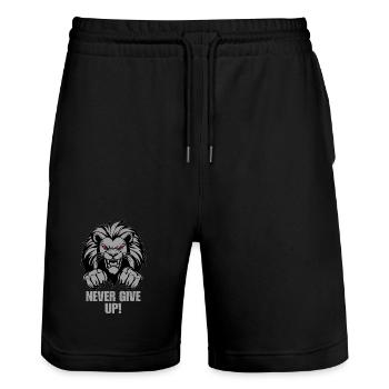Fitness Lion – Never give up Gym - Bodybuilding - Stanley/Stella Trainer Unisex Organic Jogging Shorts - black - Front - Nik (191cm) & Marisol (170cm)