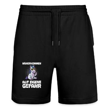 GET CLOSER AT YOUR OWN RISK Funny - Stanley/Stella Trainer Unisex Organic Jogging Shorts - black - Front - Nik (191cm) & Marisol (170cm)