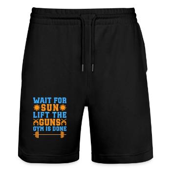 Fitness Motivation Bodybuilder Lift The Guns Gym - Stanley/Stella Trainer Unisex Organic Jogging Shorts - black - Front - Nik (191cm) & Marisol (170cm)