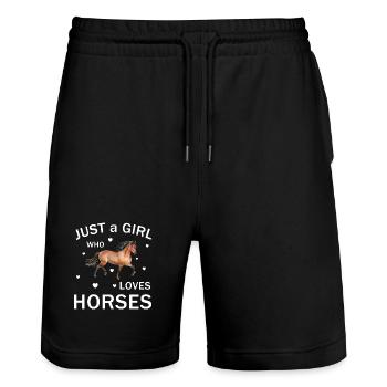 Just a Girl Loves Horses T-Shirt - Stanley/Stella Unisex Bio Joggingshorts Trainer  - Schwarz - Vorne - Nik (191cm) & Marisol (170cm)