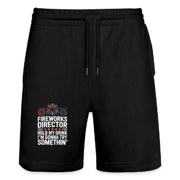 Fireworks Director Funny Hold My Drink 4th Of July - Stanley/Stella Unisex Bio Joggingshorts Trainer  - Schwarz - Vorne - Nik (191cm) & Marisol (170cm)