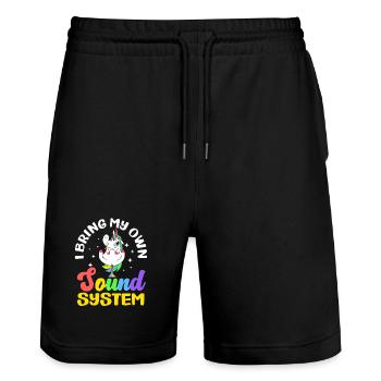 Public Fart Funny Inappropriate - Stanley/Stella Trainer Unisex Organic Jogging Shorts - black - Front - Nik (191cm) & Marisol (170cm)