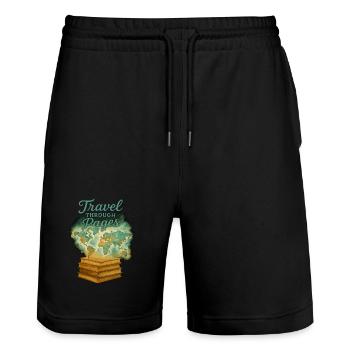 Reise Durch Seiten Weltkarte Bücher - Stanley/Stella Unisex Bio Joggingshorts Trainer  - Schwarz - Vorne - Nik (191cm) & Marisol (170cm)