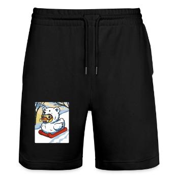 Motoneige d’hiver avec costume d’ours canard parlant - Short de jogging bio TRAINER Stanley/Stella unisexe - noir - Devant - Nik (191cm) & Marisol (170cm)