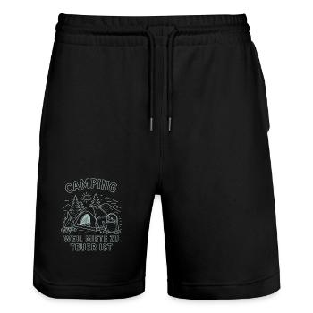 Camping Parce que le loyer est trop cher Aventure Nature - Short de jogging bio TRAINER Stanley/Stella unisexe - noir - Devant - Nik (191cm) & Marisol (170cm)