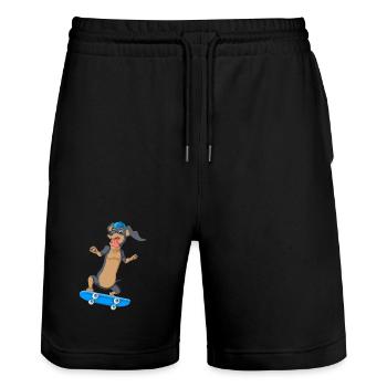 Dachshund Skateboarding Tee - Stanley/Stella Trainer Unisex Organic Jogging Shorts - black - Front - Nik (191cm) & Marisol (170cm)
