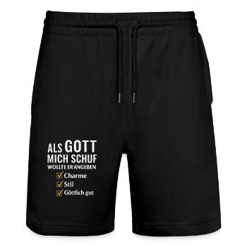 Proverb: When God created me, he wanted to show off - Stanley/Stella Trainer Unisex Organic Jogging Shorts - black - Front - Nik (191cm) & Marisol (170cm)