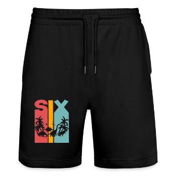 6th Birthday Dinosaur - Stanley/Stella Trainer Unisex Organic Jogging Shorts - black - Front - Nik (191cm) & Marisol (170cm)