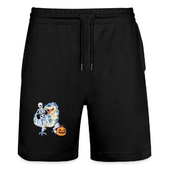 Skeleton Riding Mummy Dinosaur Halloween Tee - Stanley/Stella Trainer Unisex Organic Jogging Shorts - black - Front - Nik (191cm) & Marisol (170cm)