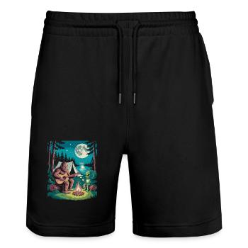 Bigfoot am Lagerfeuer mit Alien - Stanley/Stella Unisex Bio Joggingshorts Trainer  - Schwarz - Vorne - Nik (191cm) & Marisol (170cm)
