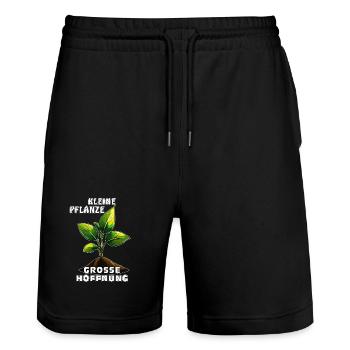 SMALL PLANT, BIG HOPE - Stanley/Stella Trainer Unisex Organic Jogging Shorts - black - Front - Nik (191cm) & Marisol (170cm)