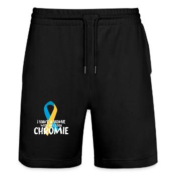 Chromie Ribbon Design - Stanley/Stella Trainer Unisex Organic Jogging Shorts - black - Front - Nik (191cm) & Marisol (170cm)