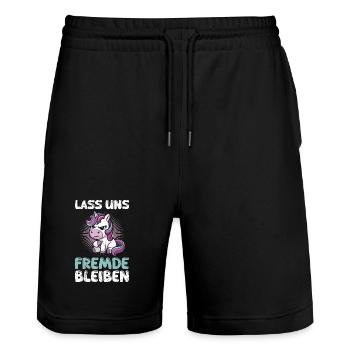 Mallorca LASS UNS FREMDE BLEIBEN Lustiges - Stanley/Stella Unisex Bio Joggingshorts Trainer  - Schwarz - Vorne - Nik (191cm) & Marisol (170cm)