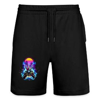 Gaming King Retrowave Controller Neon 80s City - Short de jogging bio TRAINER Stanley/Stella unisexe - noir - Devant - Nik (191cm) & Marisol (170cm)