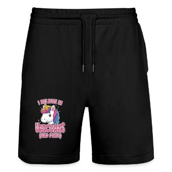 Believe in Unicorns Comic Gift - Stanley/Stella Trainer Unisex Organic Jogging Shorts - black - Front - Nik (191cm) & Marisol (170cm)