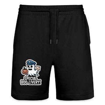 Postman Boo – Spooky Cute Halloween Ghost Delivery - Stanley/Stella Unisex Bio Joggingshorts Trainer  - Schwarz - Vorne - Nik (191cm) & Marisol (170cm)