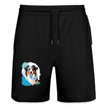 Colorful Aussie Dog Portrait with Paint Splashes - Stanley/Stella Trainer Unisex Organic Jogging Shorts - black - Front - Nik (191cm) & Marisol (170cm)