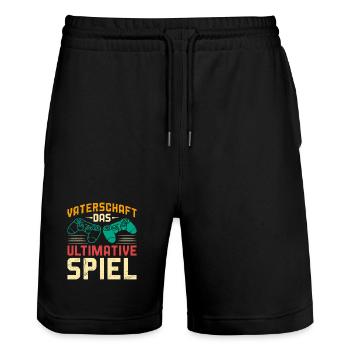 FATHERHOOD THE ULTIMATE GAME Fun - Stanley/Stella Trainer Unisex Organic Jogging Shorts - black - Front - Nik (191cm) & Marisol (170cm)