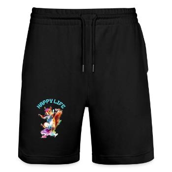 Happy Life Squirrel Design - Stanley/Stella Trainer Unisex Organic Jogging Shorts - black - Front - Nik (191cm) & Marisol (170cm)