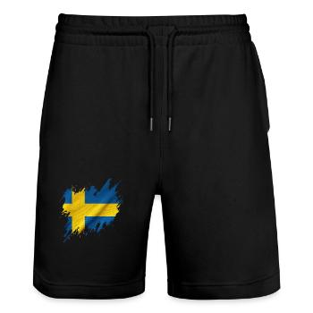 Flagge Schwedens, Rissstil - Stanley/Stella Unisex Bio Joggingshorts Trainer  - Schwarz - Vorne - Nik (191cm) & Marisol (170cm)