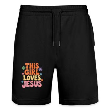 Cette fille aime Jésus – Rétro coloré - Short de jogging bio TRAINER Stanley/Stella unisexe - noir - Devant - Nik (191cm) & Marisol (170cm)