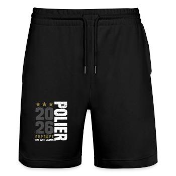 Geprüfter Polier 2026 - Stanley/Stella Unisex Bio Joggingshorts Trainer  - Schwarz - Vorne - Nik (191cm) & Marisol (170cm)