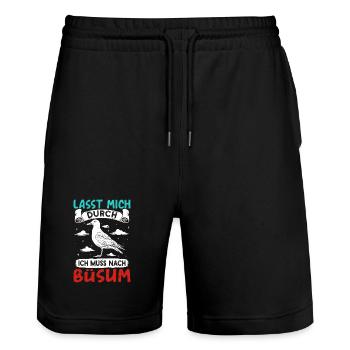 Nordsee Urlaub LASST MICH DURCH MUSS NACH BÜSUM - Stanley/Stella Unisex Bio Joggingshorts Trainer  - Schwarz - Vorne - Nik (191cm) & Marisol (170cm)