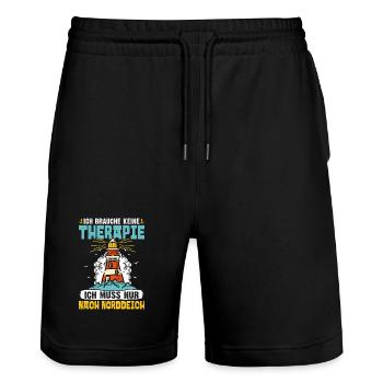 North Sea holiday NEED NO THERAPY HAS TO GO TO - Stanley/Stella Trainer Unisex Organic Jogging Shorts - black - Front - Nik (191cm) & Marisol (170cm)