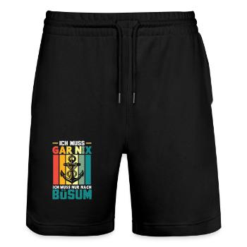 Nordsee Urlaub MUSS GAR NIX MUSS NUR NACH BÜSUM - Stanley/Stella Unisex Bio Joggingshorts Trainer  - Schwarz - Vorne - Nik (191cm) & Marisol (170cm)