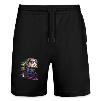 Rasender Hamster Radler - Stanley/Stella Unisex Bio Joggingshorts Trainer  - Schwarz - Vorne - Nik (191cm) & Marisol (170cm)