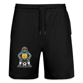 Turtle in soccer outfit - Stanley/Stella Trainer Unisex Organic Jogging Shorts - black - Front - Nik (191cm) & Marisol (170cm)