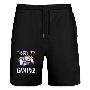 This Boy Loves Gaming - Stanley/Stella Unisex Bio Joggingshorts Trainer  - Schwarz - Vorne - Nik (191cm) & Marisol (170cm)