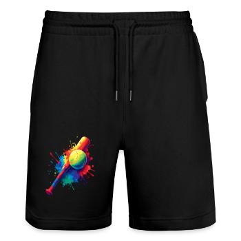 Vintage-Baseball-Design Bunter Sportspritzer - Stanley/Stella Unisex Bio Joggingshorts Trainer  - Schwarz - Vorne - Nik (191cm) & Marisol (170cm)