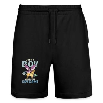 Only a boy loves origami - Stanley/Stella Trainer Unisex Organic Jogging Shorts - black - Front - Nik (191cm) & Marisol (170cm)