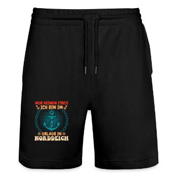 Nordsee Urlaub NUR KEINEN STRESS BIN IM URLAUB - Stanley/Stella Unisex Bio Joggingshorts Trainer  - Schwarz - Vorne - Nik (191cm) & Marisol (170cm)