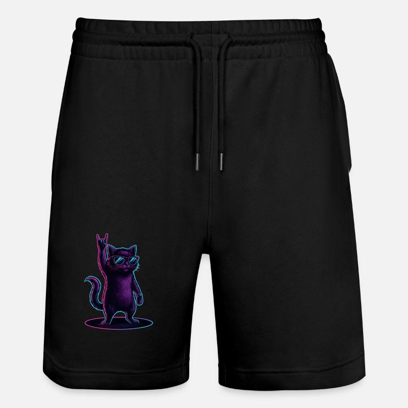 Synthwave Cat Cat with Rockhand Pose - Stanley/Stella Trainer Unisex Organic Jogging Shorts - black
