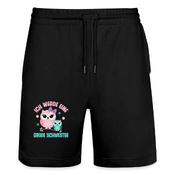 Große Schwester Eulen Älteres Baby Geschwister - Stanley/Stella Unisex Bio Joggingshorts Trainer  - Schwarz - Vorne - Nik (191cm) & Marisol (170cm)