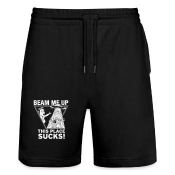 Beam Me Up – This Place Sucks! - Stanley/Stella Trainer Unisex Organic Jogging Shorts - black - Front - Nik (191cm) & Marisol (170cm)
