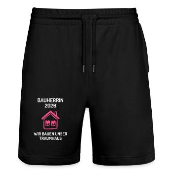Hausbau Eigenheim Bauherren Bauherrin 2026 - Stanley/Stella Unisex Bio Joggingshorts Trainer  - Schwarz - Vorne - Nik (191cm) & Marisol (170cm)