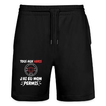 Jeune conducteur Tous aux abris J'Ai EU Mon permis - Short de jogging bio TRAINER Stanley/Stella unisexe - noir - Devant - Nik (191cm) & Marisol (170cm)