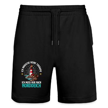 Nordsee BRAUCH KEINE THERAPIE MUSS NACH NORDDEICH - Stanley/Stella Unisex Bio Joggingshorts Trainer  - Schwarz - Vorne - Nik (191cm) & Marisol (170cm)