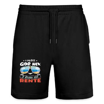 I muass gor nix - I bin in Rente - Stanley/Stella Unisex Bio Joggingshorts Trainer  - Schwarz - Vorne - Nik (191cm) & Marisol (170cm)