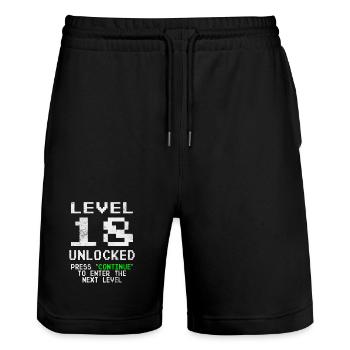 Level 18 Unlocked - Stanley/Stella Trainer Unisex Organic Jogging Shorts - black - Front - Nik (191cm) & Marisol (170cm)