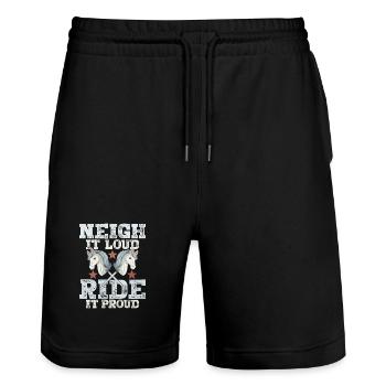 Neigh It Loud Ride It Proud Hobby Horsing - Stanley/Stella Unisex Bio Joggingshorts Trainer  - Schwarz - Vorne - Nik (191cm) & Marisol (170cm)