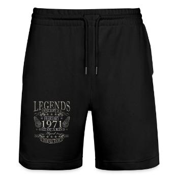 Born in February 1971 vintage 1971 Birthday - Stanley/Stella Trainer Unisex Organic Jogging Shorts - black - Front - Nik (191cm) & Marisol (170cm)